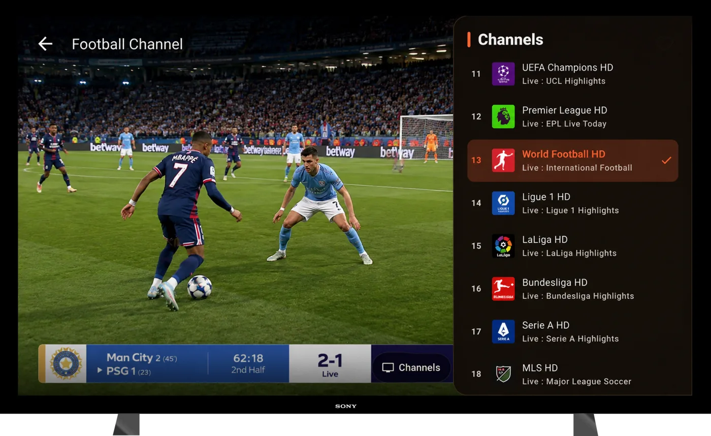 TV — a live football match playing with the channel list open alongside it